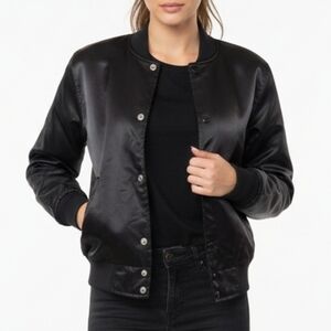 Satin Bomber Jacket Button Front Quilted Lining Pilot Aviator Black